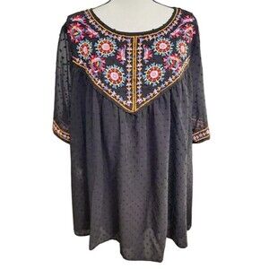 Embroidered Lined Black Size 2XL Top Shein Boho Hippie